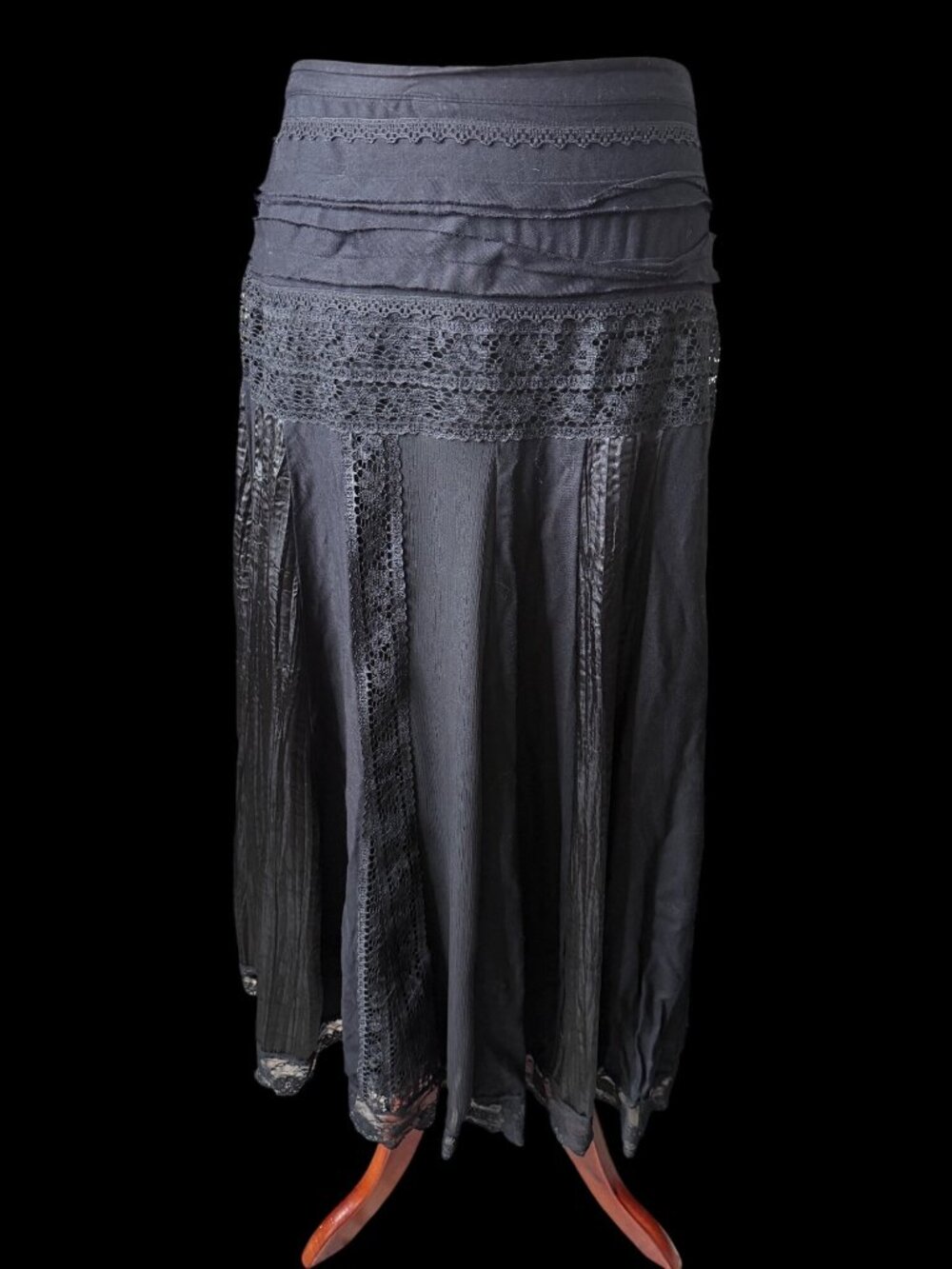 Vintage Y2K Black Lace Panel Maxi Flare Skirt 1x Whimsigoth Romantic Vampy Boho